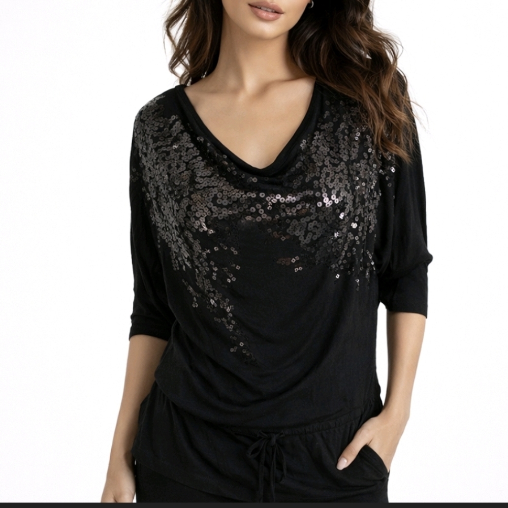Kenar Blouse Black Sequin Short Sleeve Pullover Drape Neck Loose Fit Siz…
